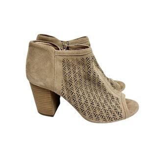 ANTONIO MELANI SUEDE PERFORATED PEEP TOE BOOTIES WOMEN SIZE 9.5 TAN LEATHER
